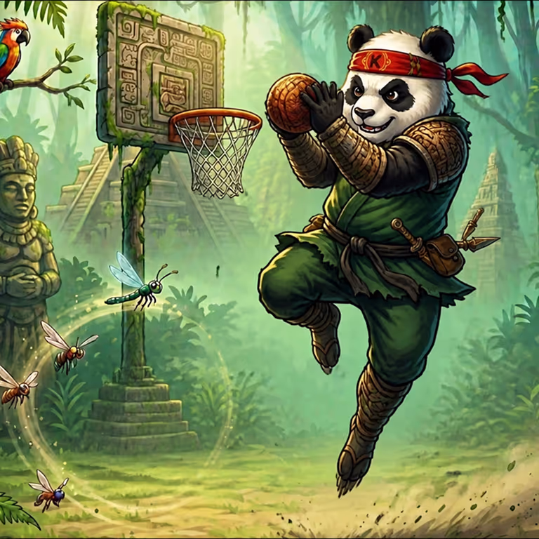 A ninja panda mascot jumps high to shoot a basketball into a stone hoop set against a jungle background with ancient temples.