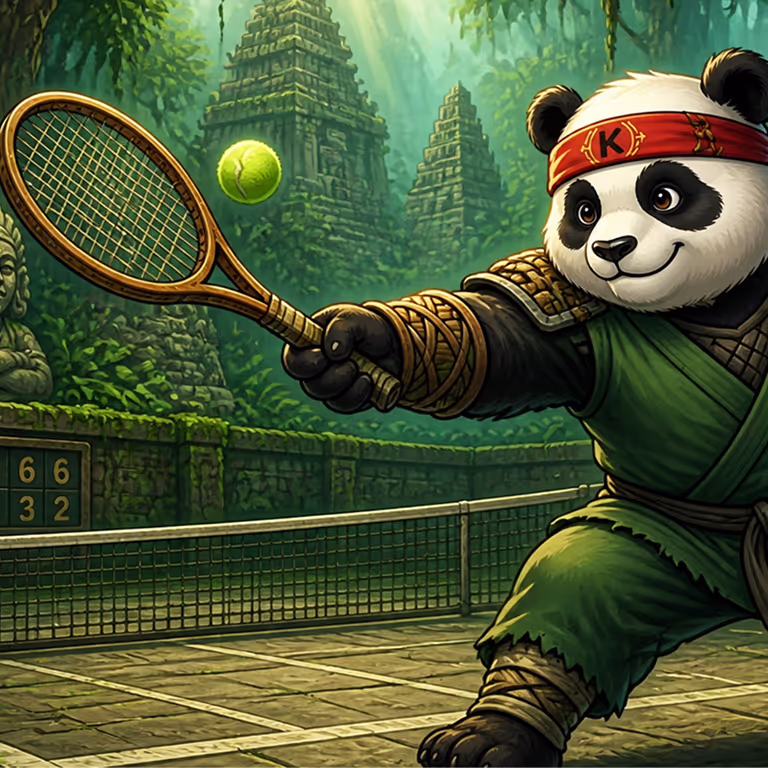 A determined ninja panda mascot swings a wooden tennis racket to hit a tennis ball on an outdoor court surrounded by overgrown jungle ruins.